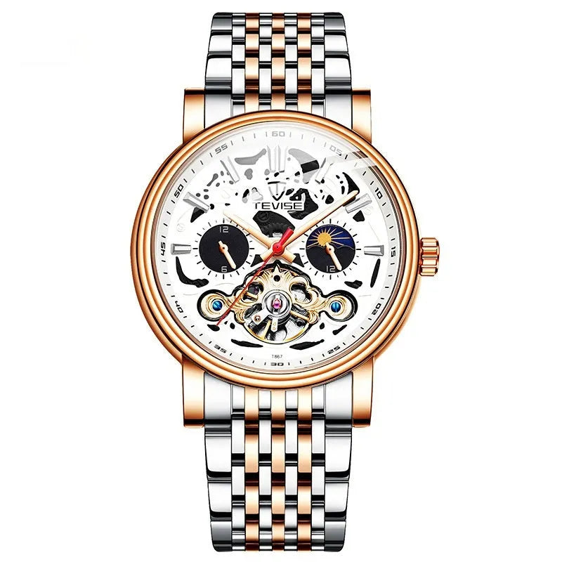 Fashion Tourbillon Waterproof Luminous Mechanical Watch in T867-Rose Black with 16.5mm thickness and luminous hands