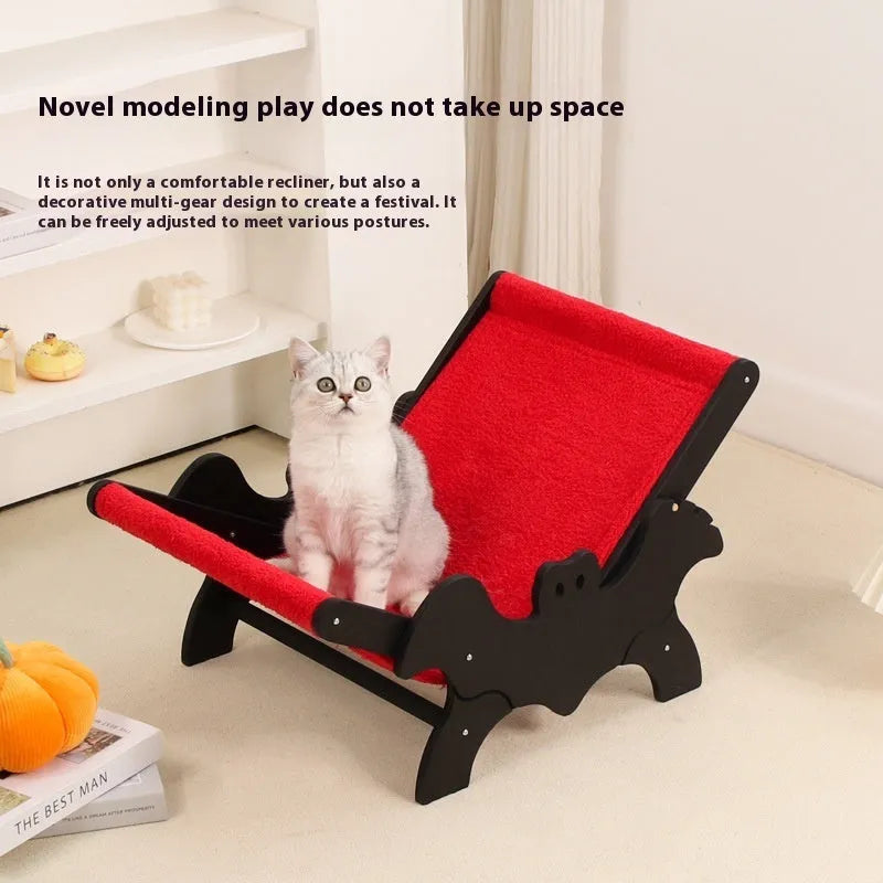 Wooden cat recliner with bat-shaped backrest in black and red Halloween colours