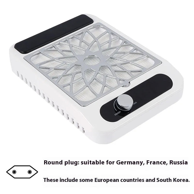 White nail dust collector with adjustable speed dial and filter net, measuring 25cm tall