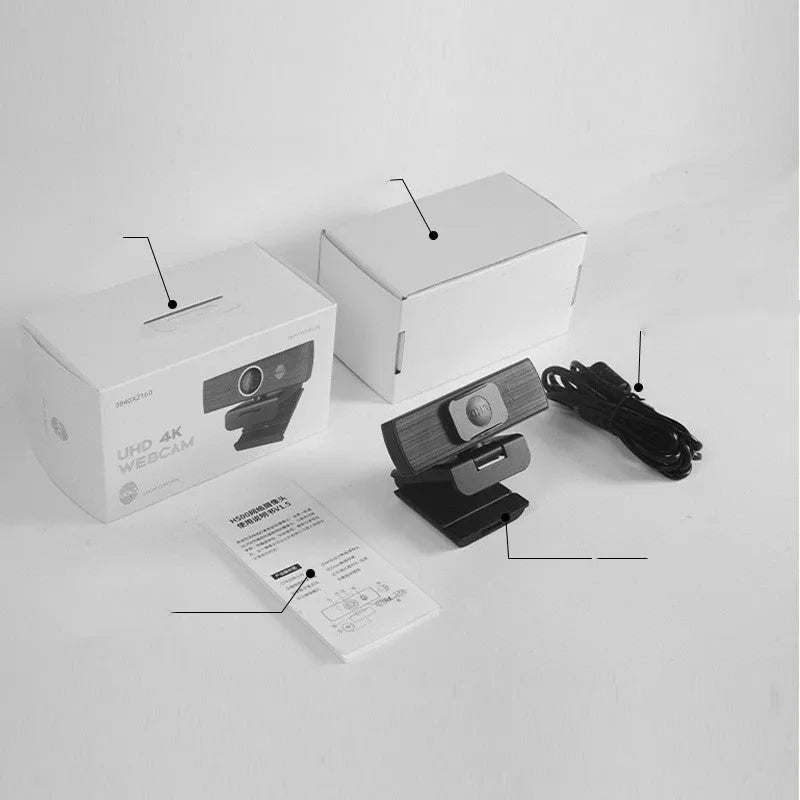 Black network computer camera with 8-megapixel sensor, USB 2.0 cable, and magnetic privacy cover for 3840*2160P video