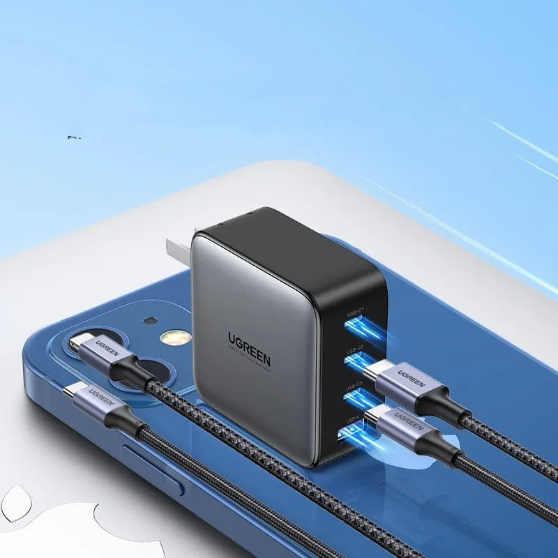 100W Gallium Nitride fast charger plug with USB-C cable on a white background