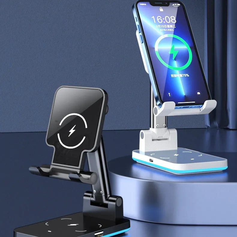 Black wireless charging phone stand on desk holding mobile device at adjustable angle