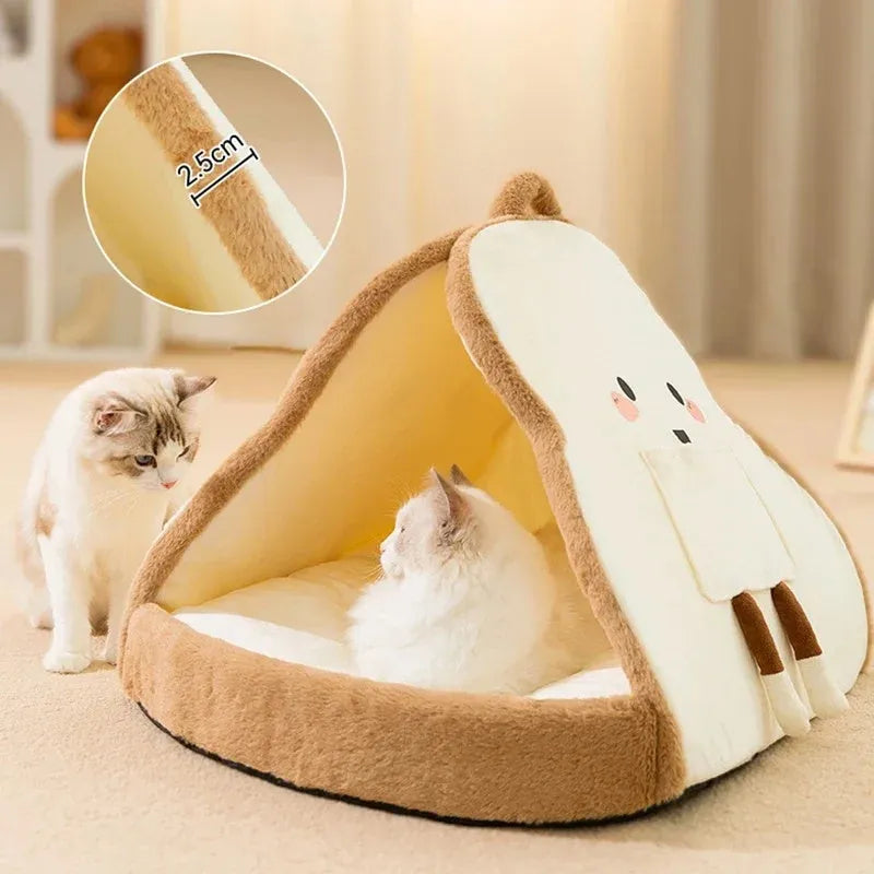 Green winter cat tent bed showing deep cave opening and soft interior, with size dimensions indicated