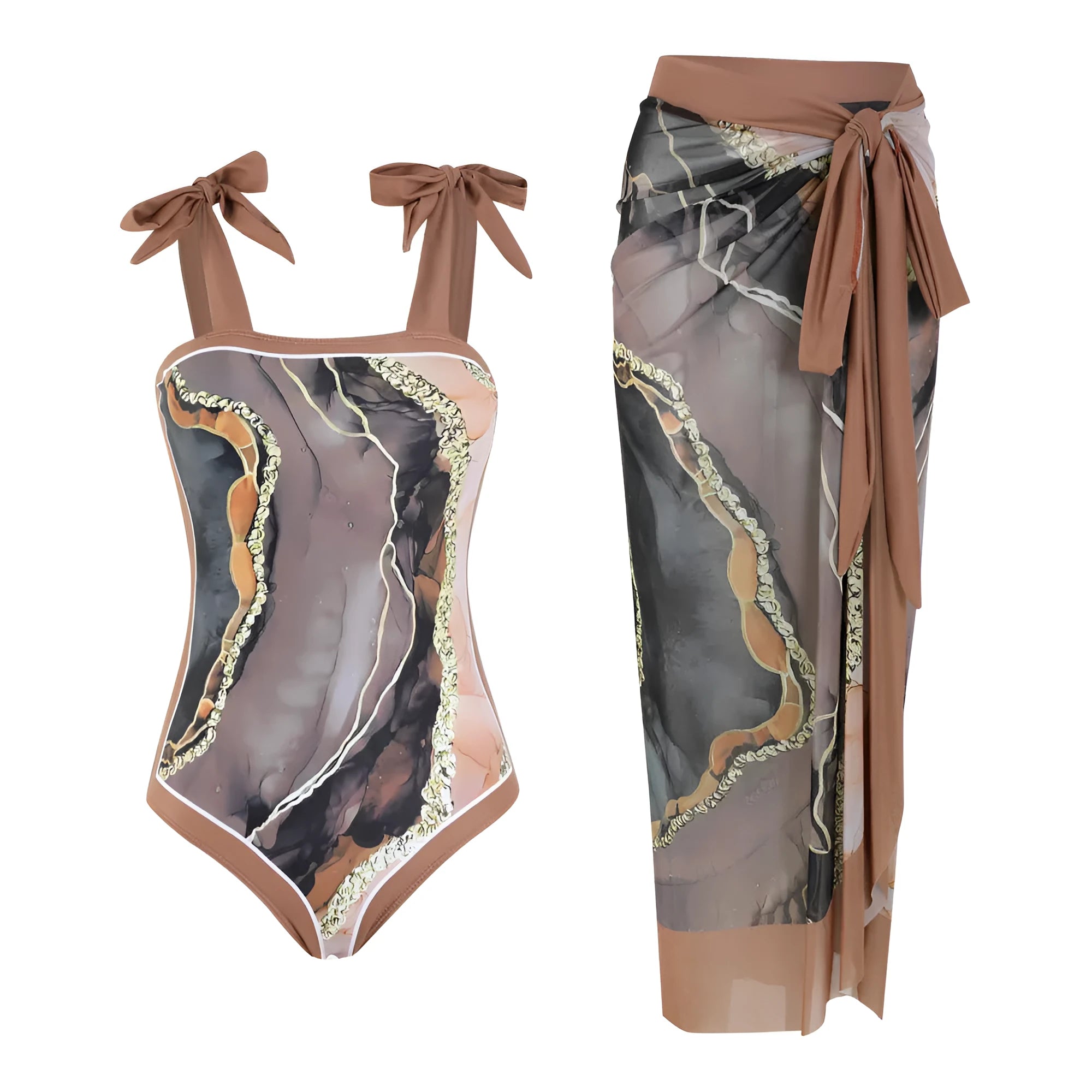 Floral print one-piece swimsuit with mesh tube top and a matching detachable skirt laid flat.