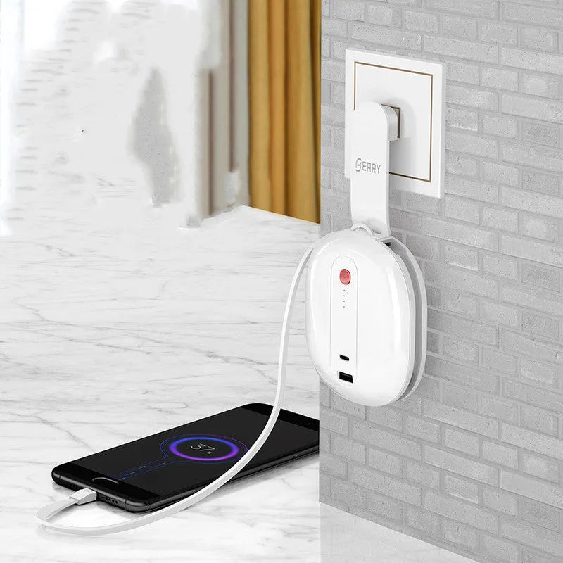 White and black two-in-one power bank with plug showing compact 92x108x30mm dimensions