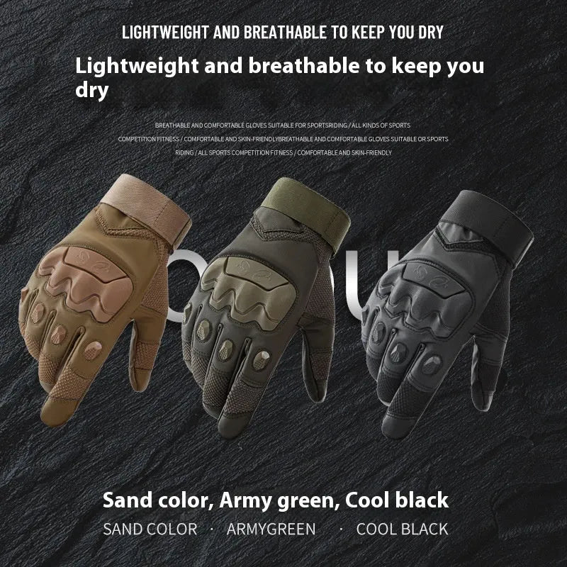 Men's black full finger tactical gloves with touchscreen pads on fingers, shown in sizes M, L, XL.