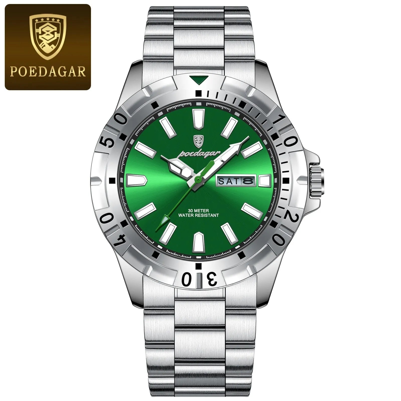 Swiss men's waterproof luminous casual watch with silver case and green dial, 6mm thickness
