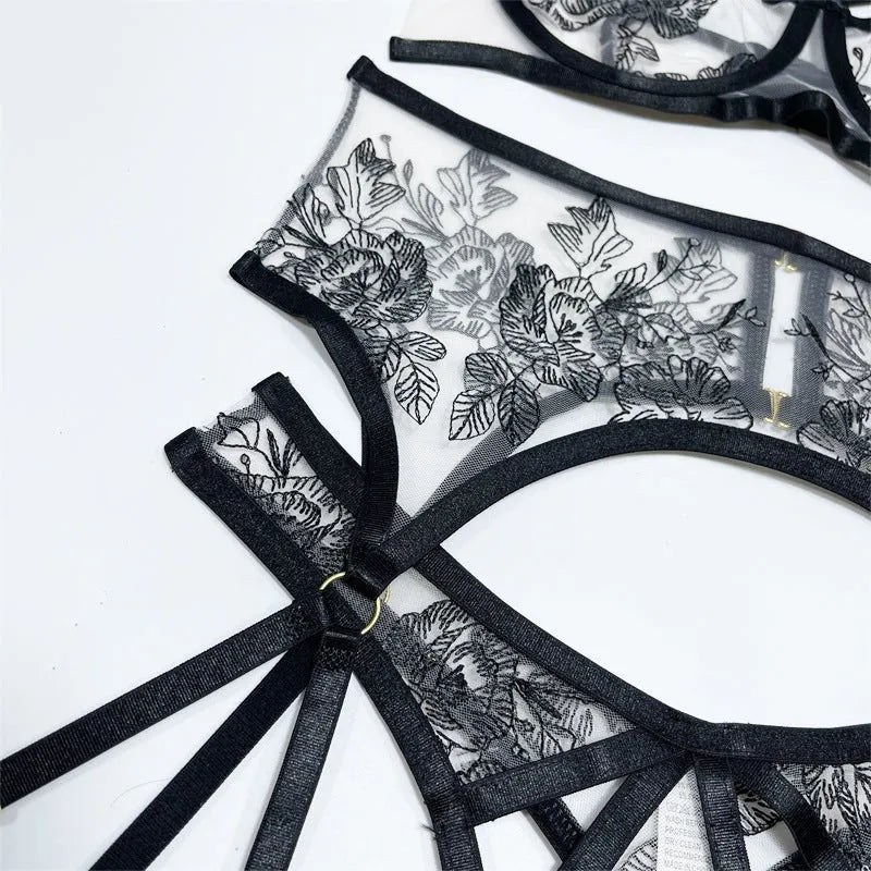 Black lace mesh floral print women's three-piece set with top, trousers, and waist ring