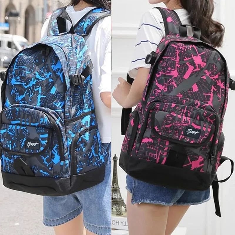 Blue classic nylon backpack with front zipped pocket, showing adjustable padded shoulder straps and 30-litre capacity