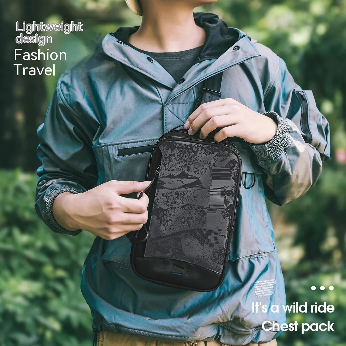 Casual black TPU camouflage chest bag with soft handle and single shoulder strap, square vertical model