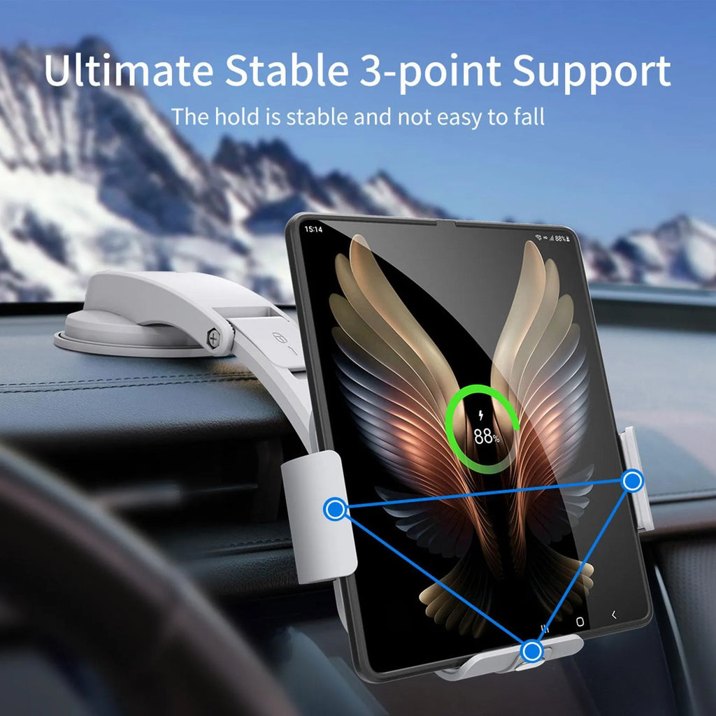 Grey wireless charging vehicle bracket with folding screen showing adjustable angle mechanism and dual mounting options
