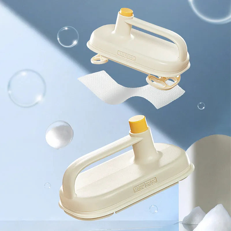 Magic Cleaning Brush with plastic handle and pack of 50 white disposable non-woven fabric rags.