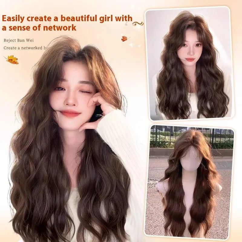 Full-head synthetic wig with long curly hair and side bangs in brown colour