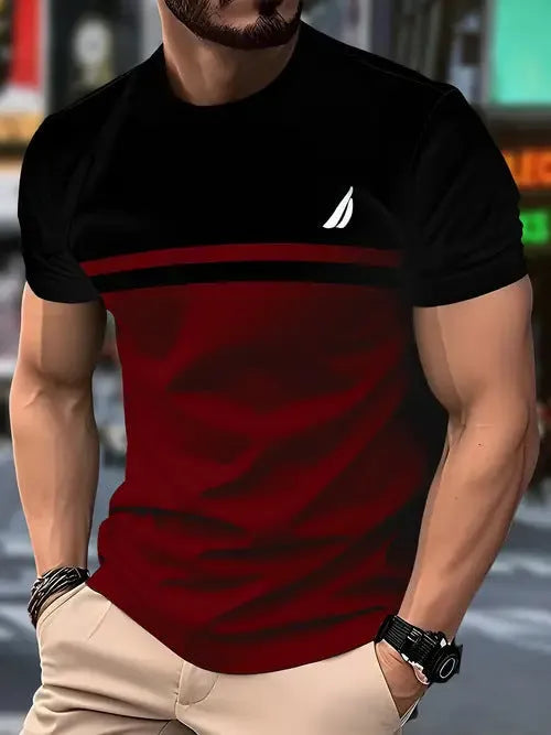 Men's loose-fitting casual T-shirt in polyester with short sleeves, shown in multiple colours