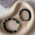 Tigereye obsidian six words mantra couple bracelet in S925 sterling silver with geometric round design