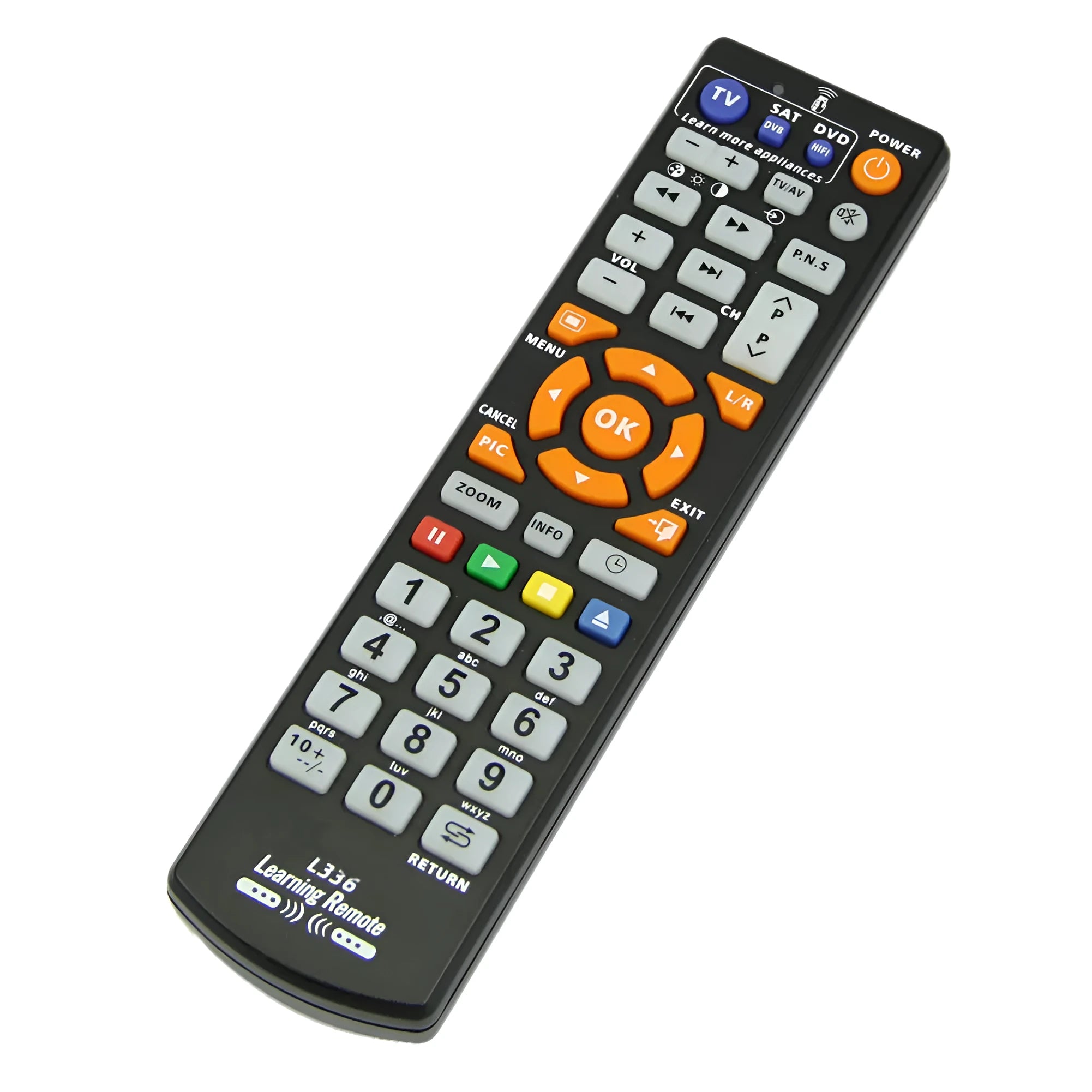 Black L336 learning remote control with full keypad for universal device operation