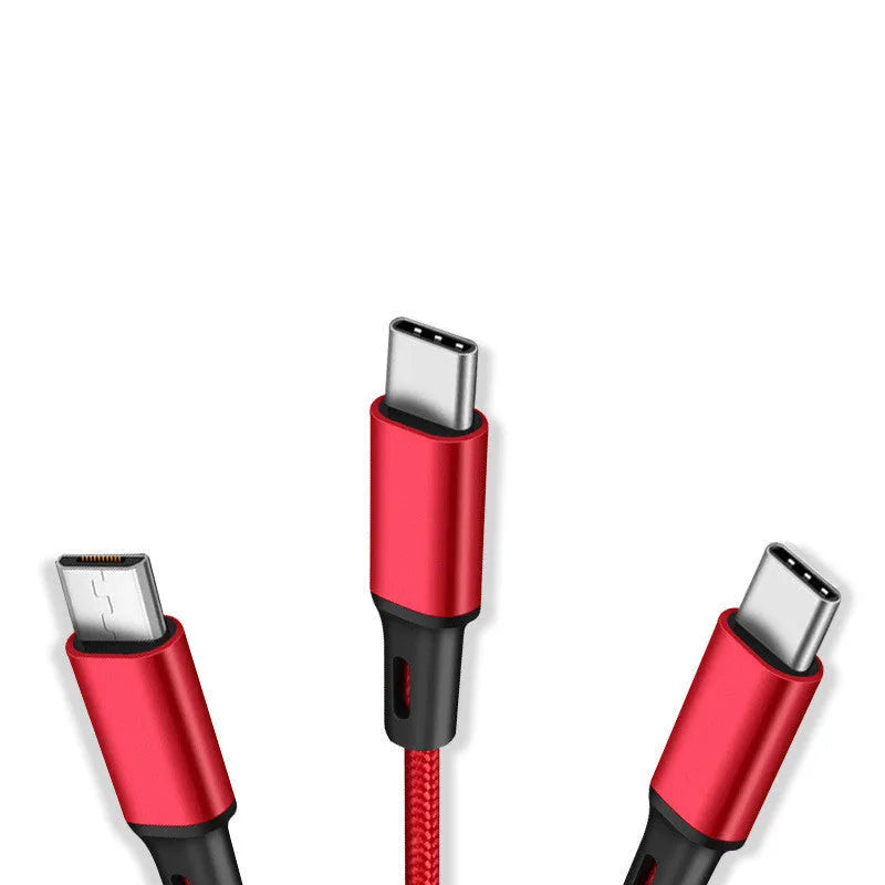 Red 3-in-1 charging cable with USB-C, Lightning, and Micro-USB tips on a 1.2m nylon braid.