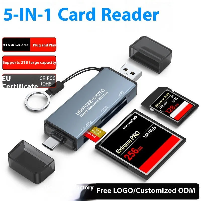 Aluminium CF SD TF three-in-one card reader measuring 9.2cm with USB and TYPE-C interfaces