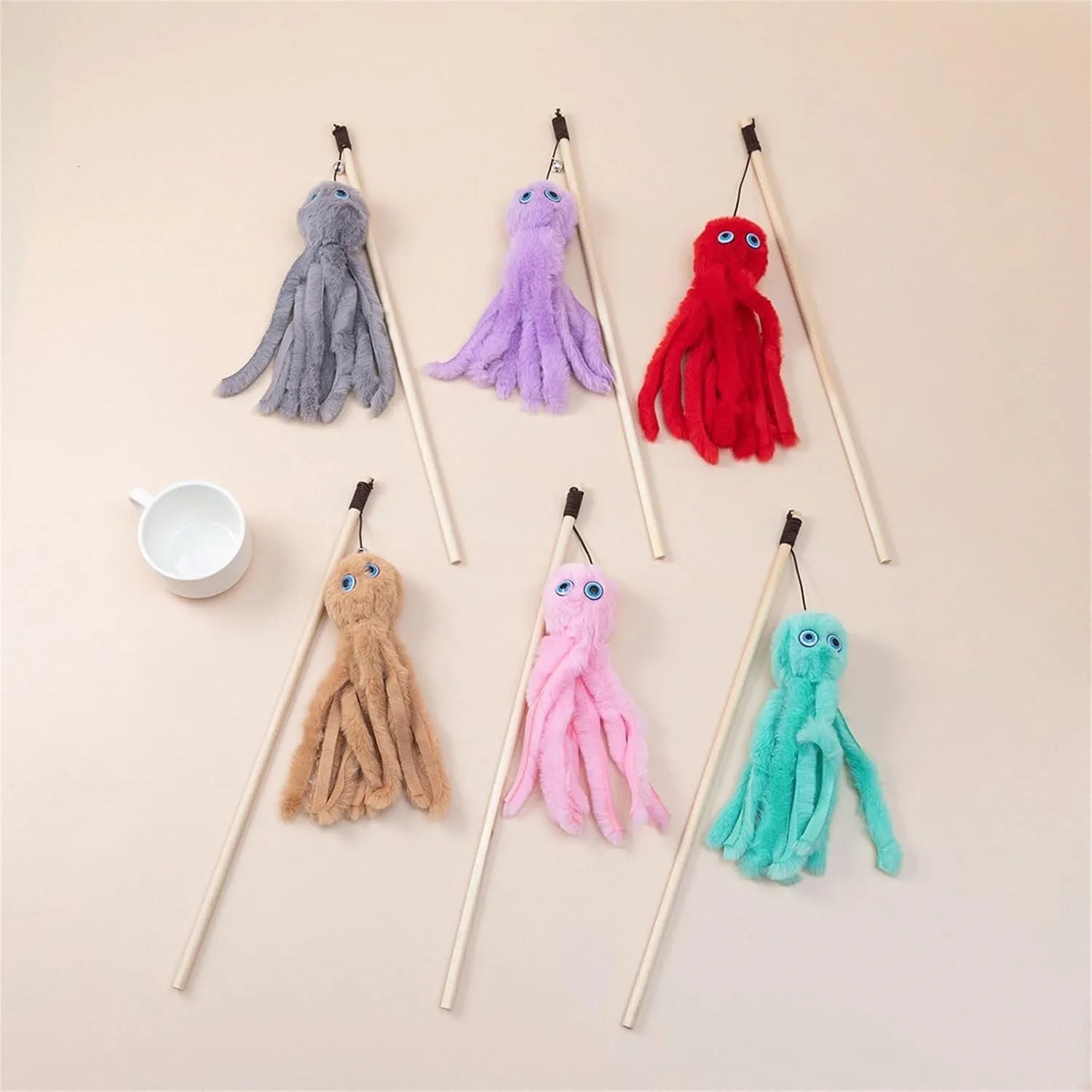 Octopus-themed cat toy on a 40cm stick in bright colours for indoor kitten play
