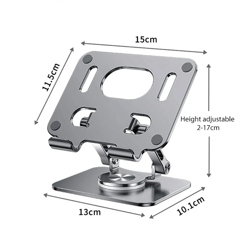 Rotating tablet stand with adjustable aluminium plate in silver colour on desk
