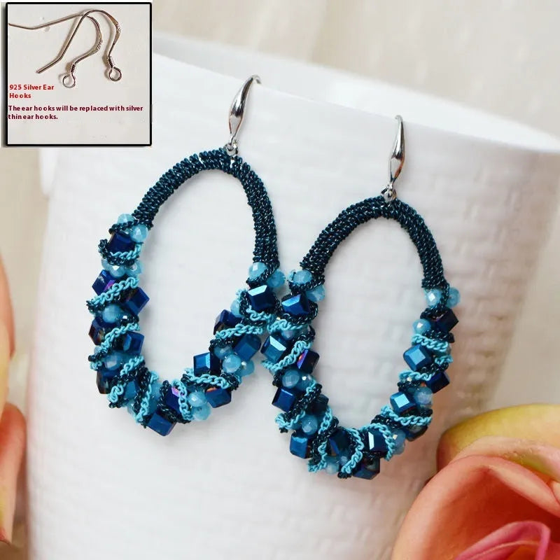Manmiao handmade tassel earrings in 925 silver with crystal inlay, long women's fashion OL style