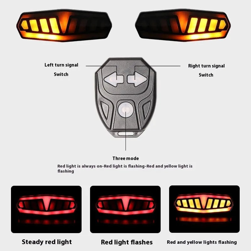 Wireless remote control bicycle taillight showing turn signal functions on a bike seat post