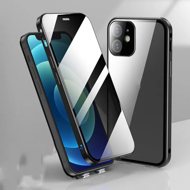 Glass phone case with double-sided buckle for iPhone 11 to 15 series, available in four colours