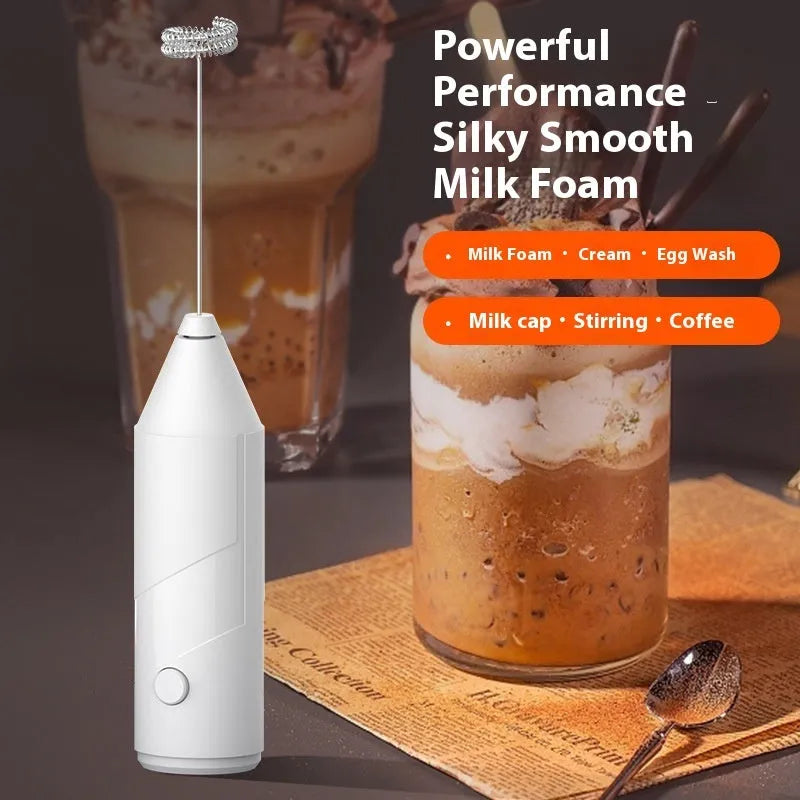Mini handheld milk frother with stainless steel whisk and USB charging port in black colour option