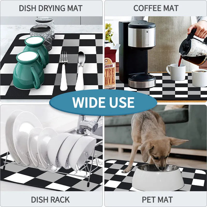 Square technical cloth dish drying mat with PU leather surface and rubber anti-slip backing.