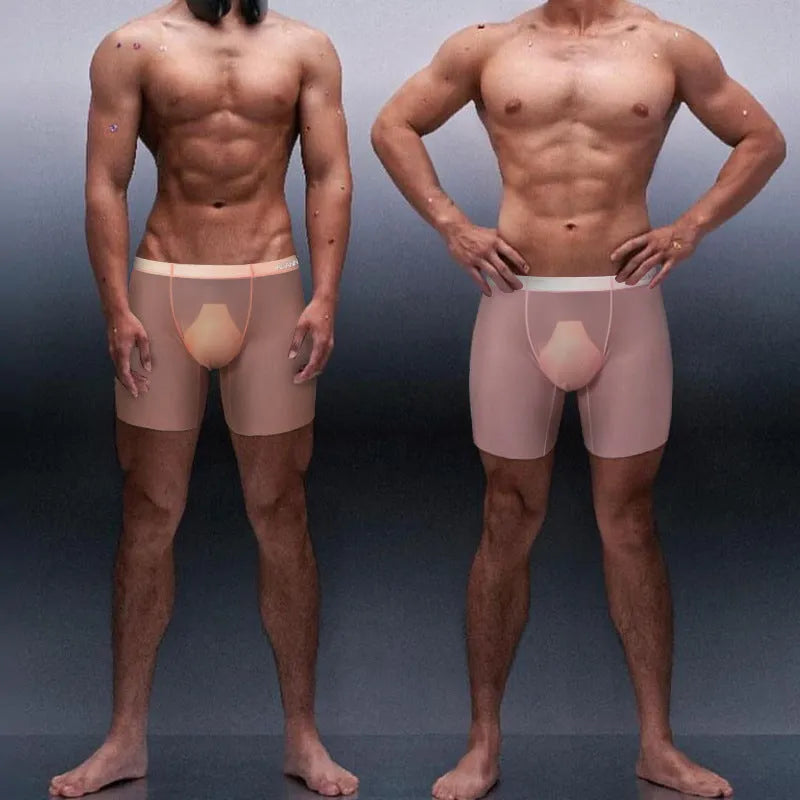 Men's seamless sports boxers in orange colour showing U convex design and low waist cut