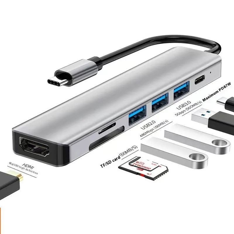 Type-C 7-in-1 expansion dock with 15cm cable, aluminium casing, HDMI and USB ports