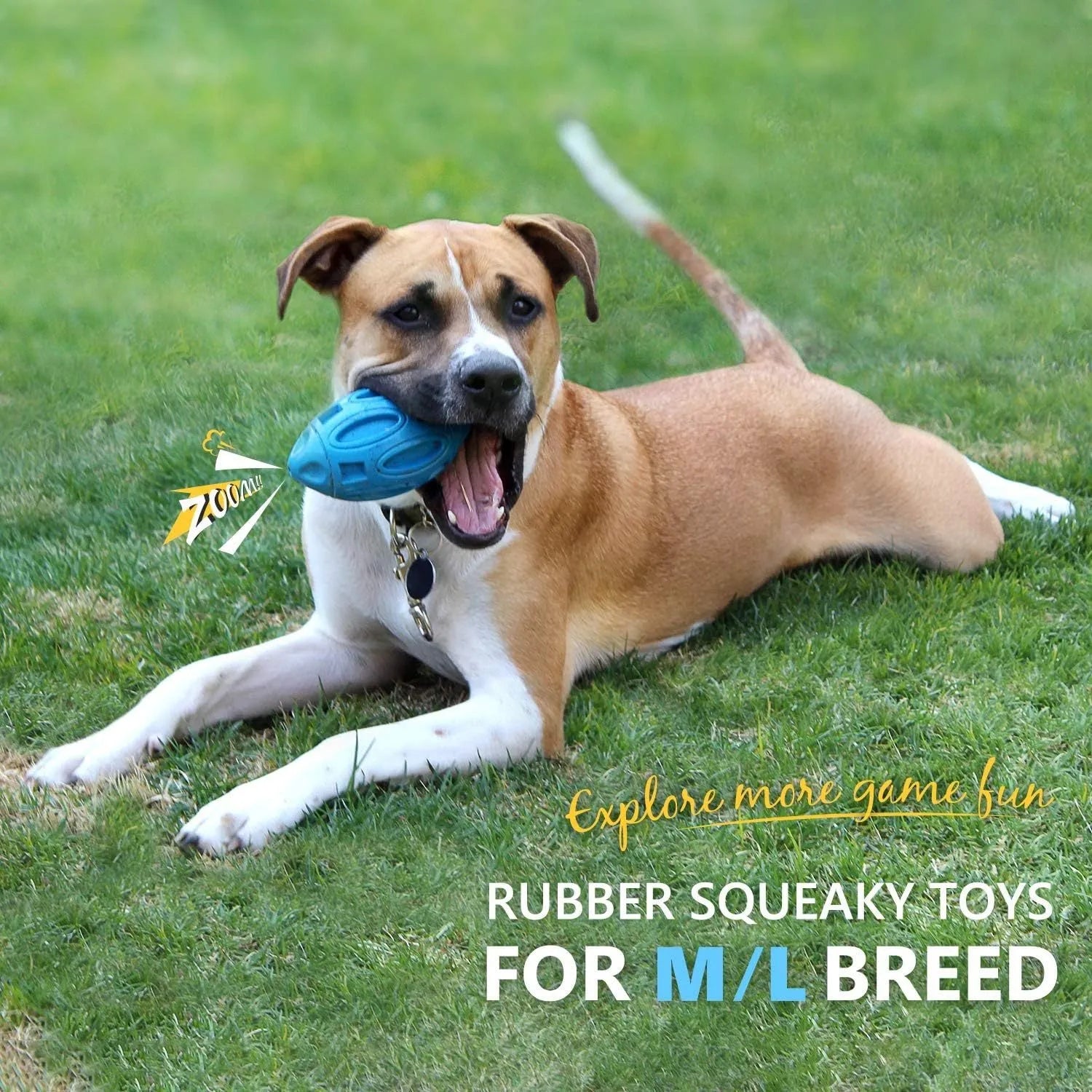 Blue green orange natural rubber squeaky dog chew ball with surface grooves for medium large breed dogs