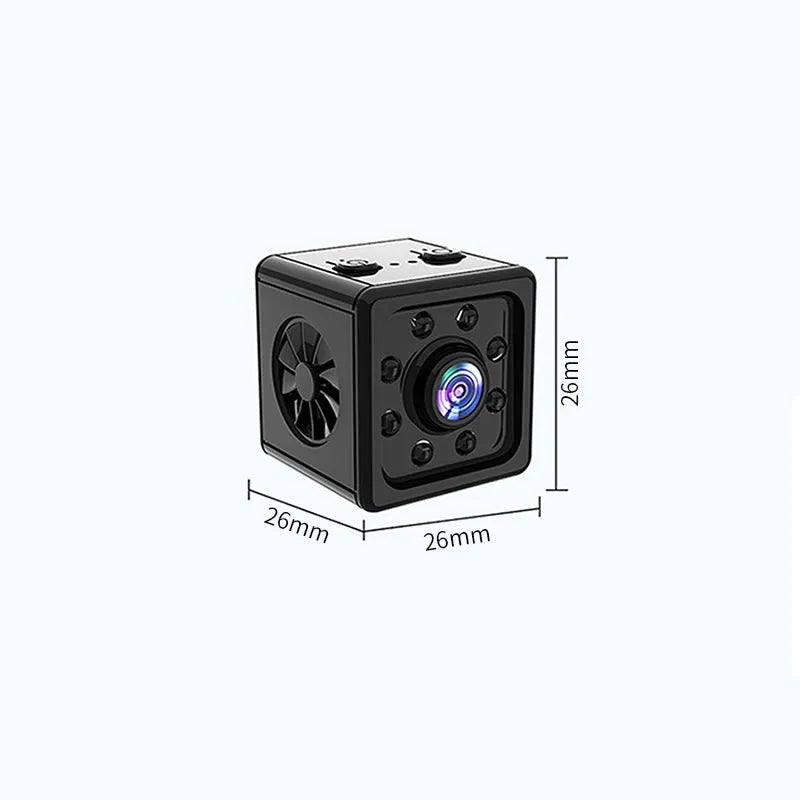 Black Remote Network Intelligent Sports HD K13 Camera with dimensions 26x26x26cm, showing ABS body, bracket, and data cable