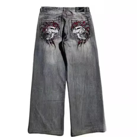 Men's grey wide-leg jeans with straight-leg design and washed-out finish for retro workwear style