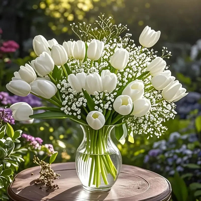 Plastic artificial tulip and starry flower bouquet set with thirty pieces for photography and decoration