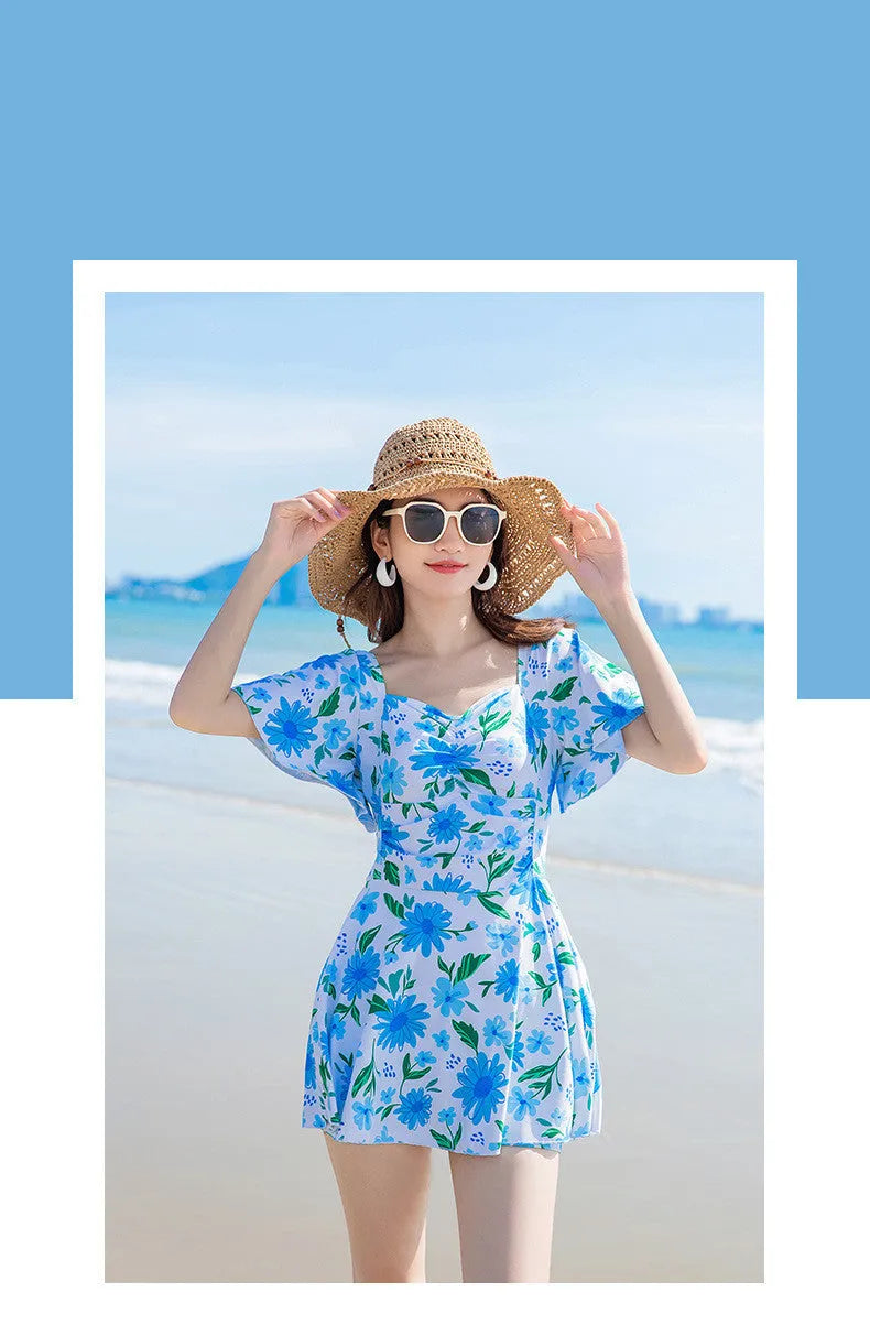 Women's slim dress-style one-piece swimming costume with printed floral pattern