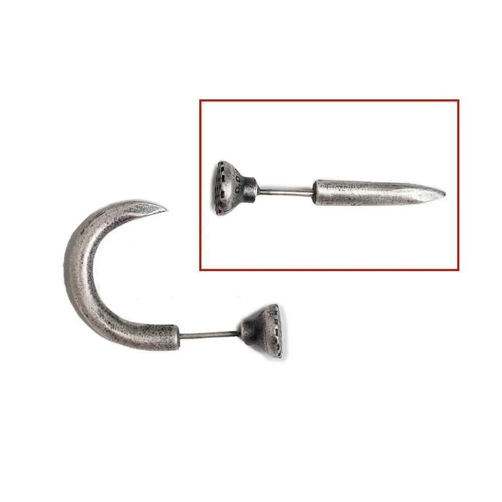 S925 sterling silver nail earrings with ear hook, showing straight and curved nail designs in punk style