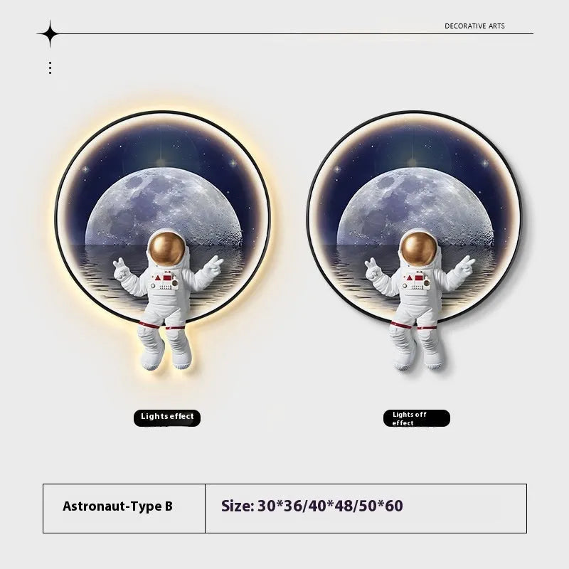 Spaceman-themed canvas wall painting for children's rooms, available with optional integrated USB LED bedside lighting.