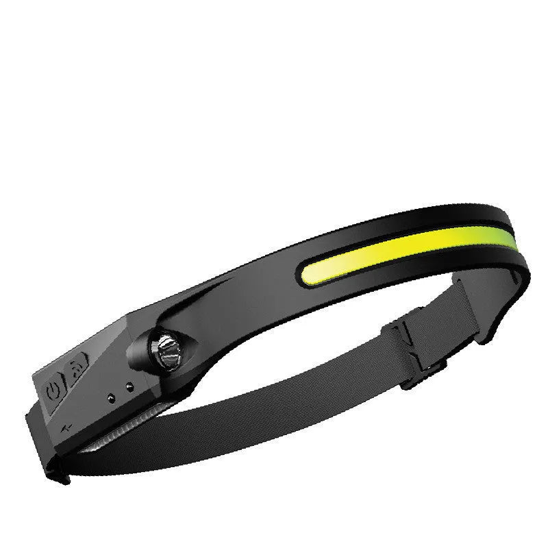 Black silicone USB rechargeable headlamp with a wide LED beam and side wave sensor for outdoor use.