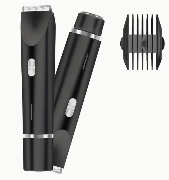 Pink women's electric razor and trimmer with two heads, USB cable, and brush on a white background.