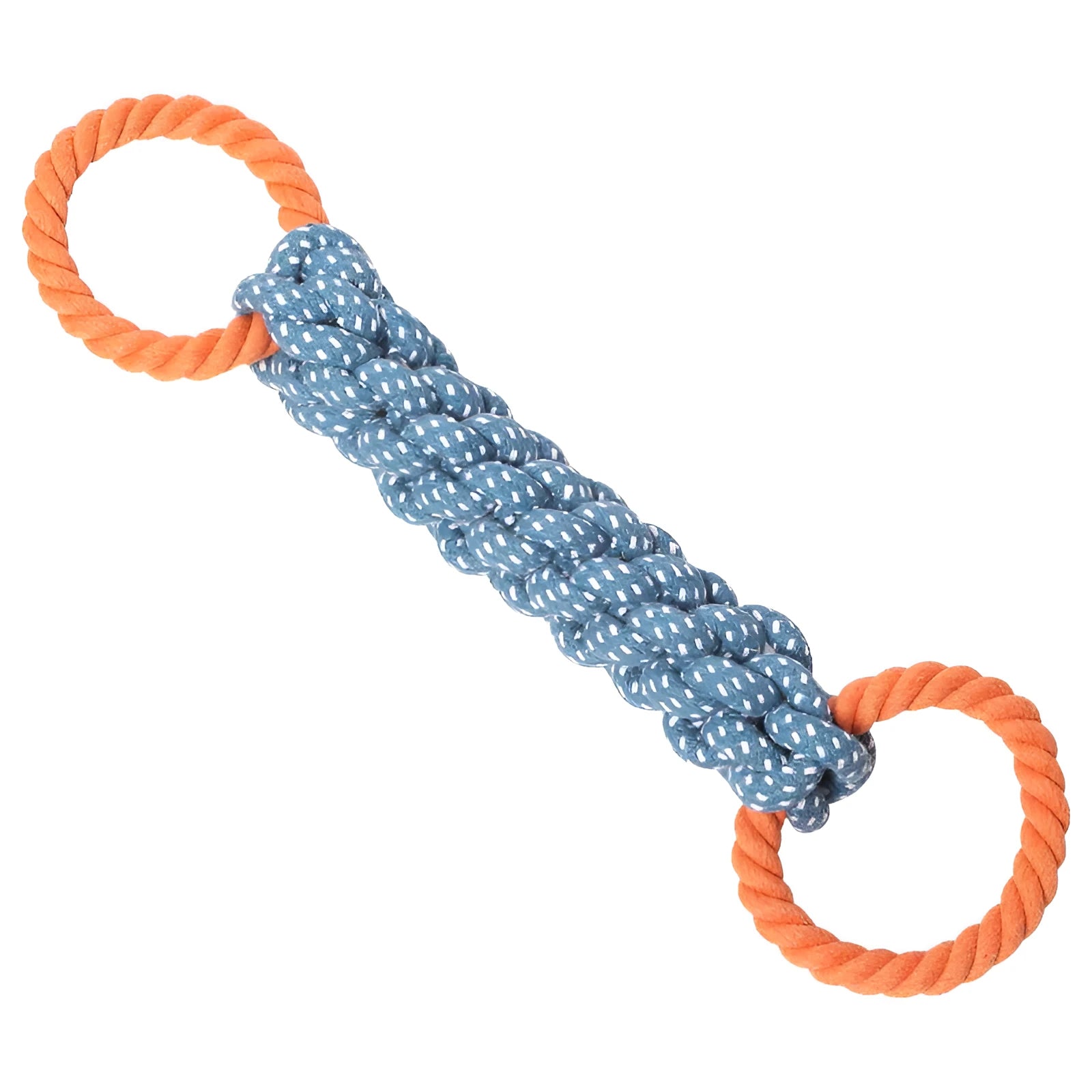Blue double-ring braided bone dog chew toy made from cotton cord for tooth cleaning