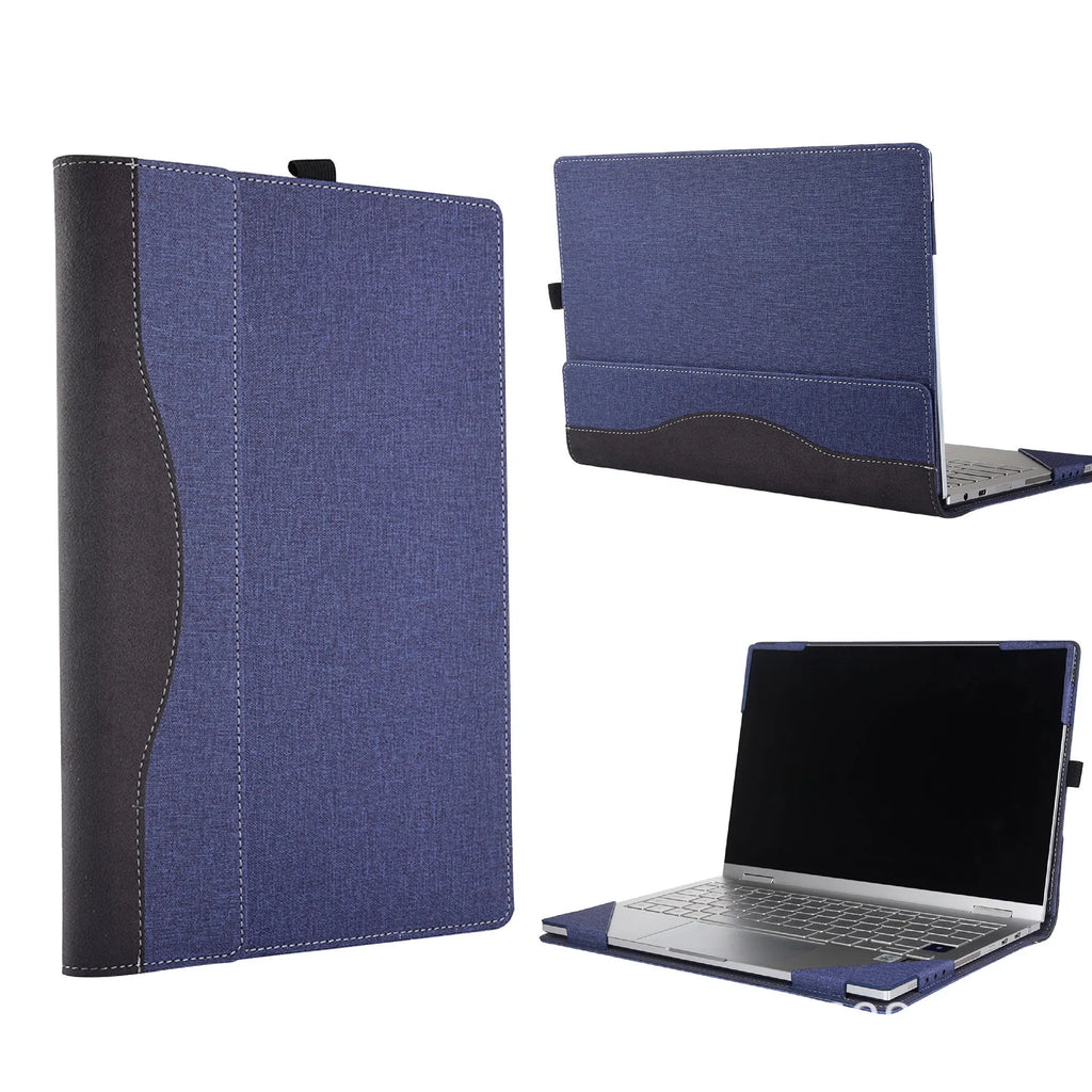 Black imitation leather laptop protective sleeve with Chinese design and a carrying bracket.