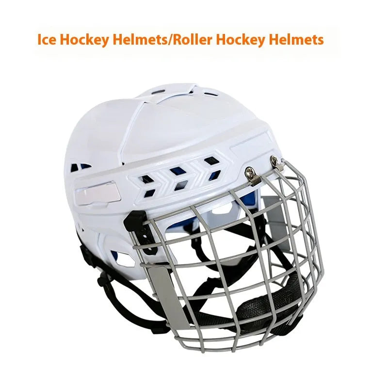 Ice hockey helmet with carbon steel face mask showing PP shell exterior and EVA lining interior