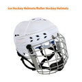 Ice hockey helmet with carbon steel face mask showing PP shell exterior and EVA lining interior