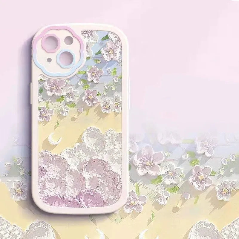 Oil painting flower silicone phone case for iPhone 13 12 11 in Moon Flower Pink Purple Verdant Clouds