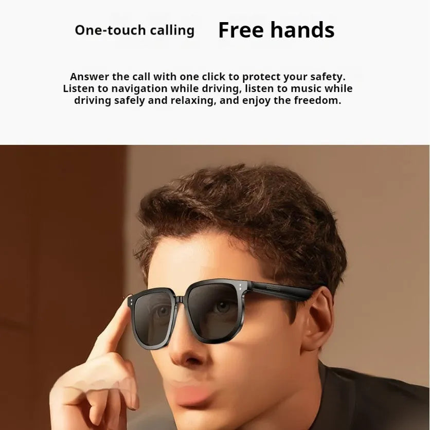 Black AI smart glasses with Bluetooth audio, anti-blue light lenses, and touch control on temple for hands-free calling