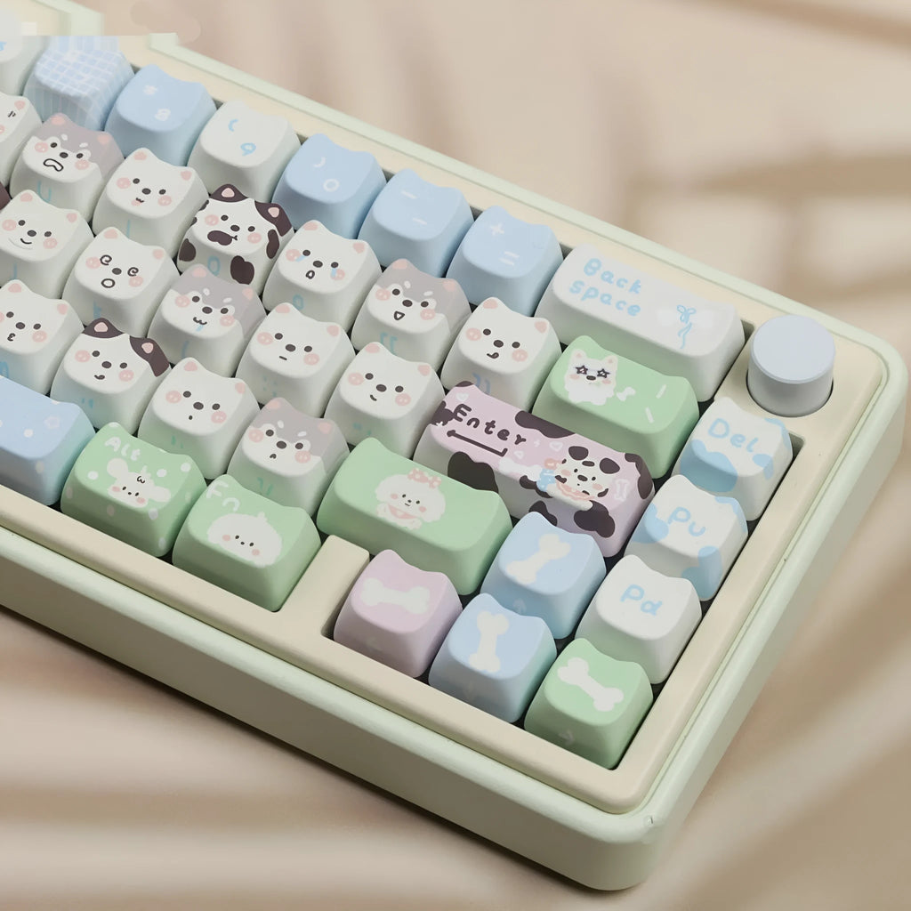 Full set of 26 PBT key caps with cute puppy designs for mechanical keyboards