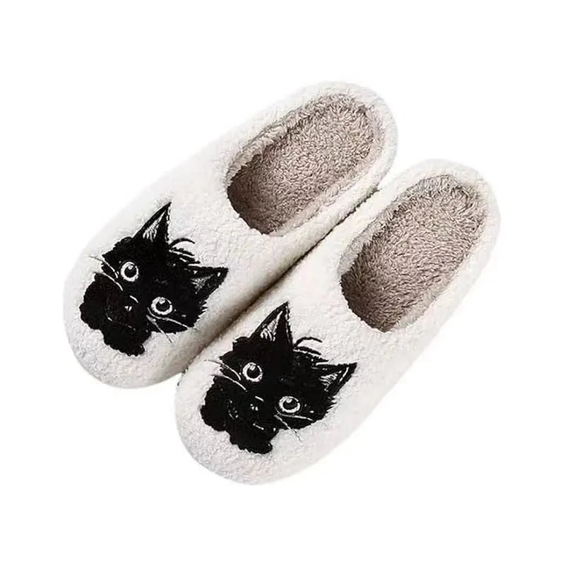 White plush cotton slippers with black beard cat couple cartoon design for indoor home use