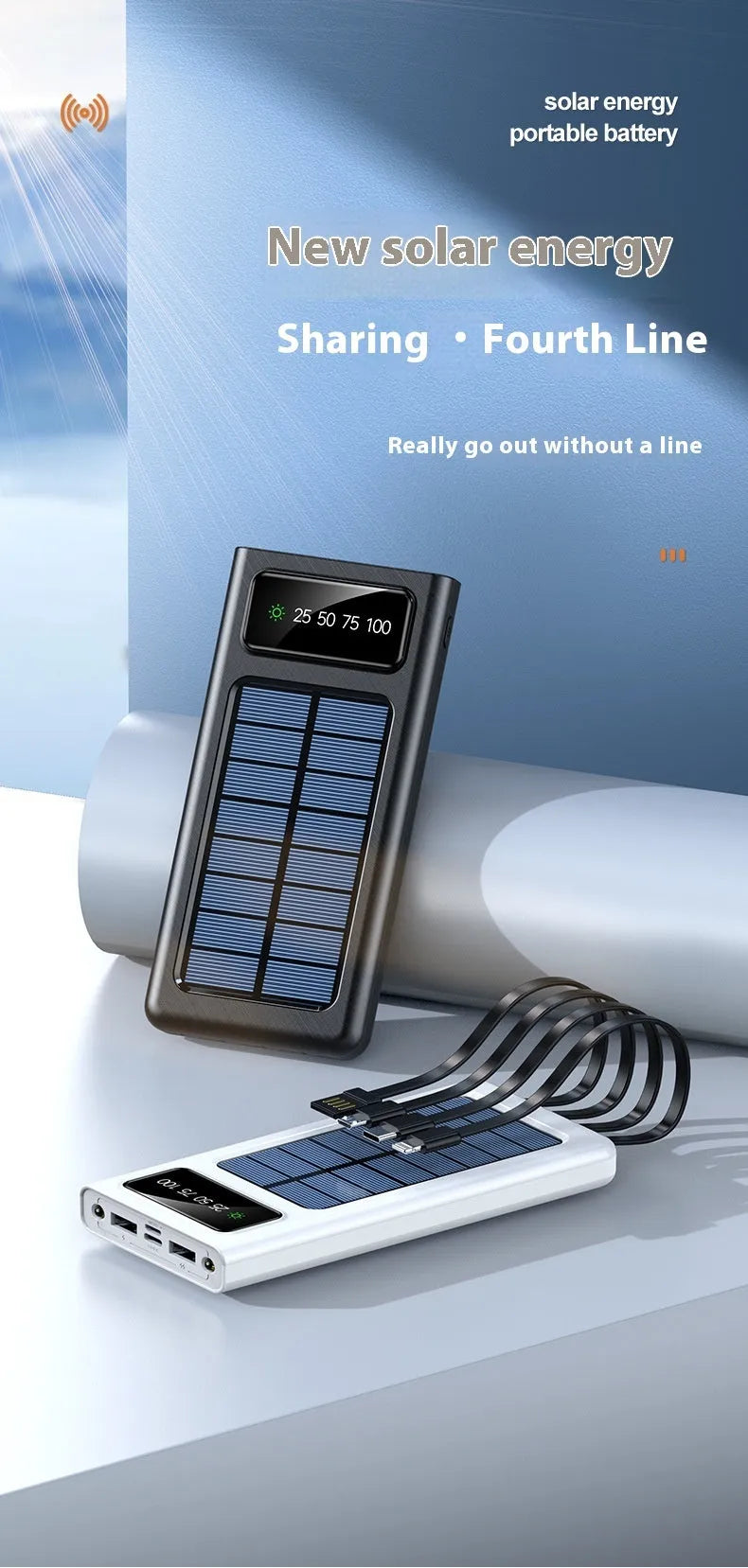 Black solar power bank with integrated charging cables showing 20000mAh capacity label