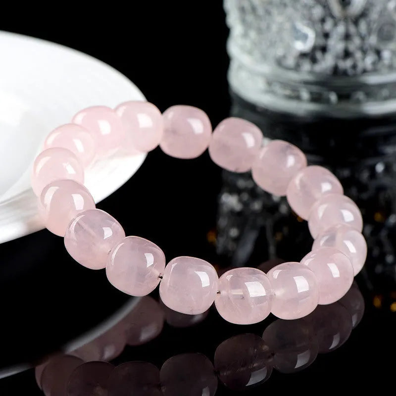 Natural Bamboo Crystal Barrel Bead Bracelet with 11-12mm pink geometric beads and grinding treatment finish